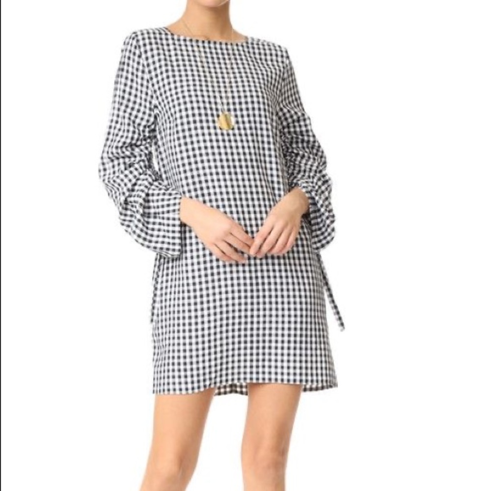 Tibi ruched sleeve gingham plaid boat neck shift dress‎ black white